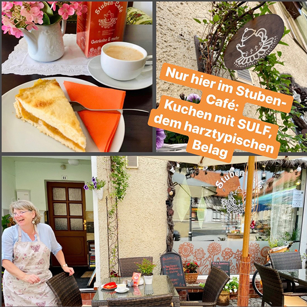 Collage des Cafés mit Kaffee- und Kuchenbildern und der Info: Kuchen mit SULF, dem harztypischen Belag